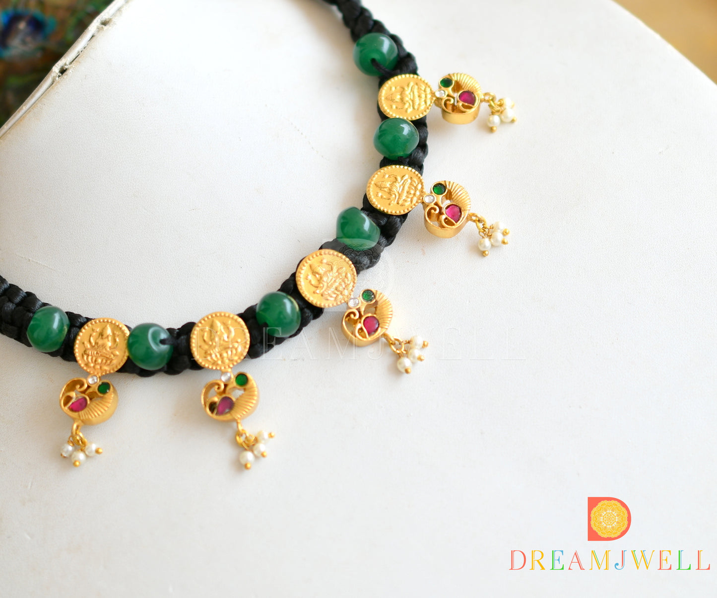 Gold tone pink-green Kundan jadau Lakshmi coin swan Black silk thread necklace dj-36569