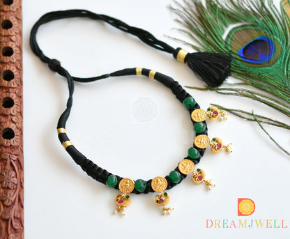 Gold tone pink-green Kundan jadau Lakshmi coin swan Black silk thread necklace dj-36569