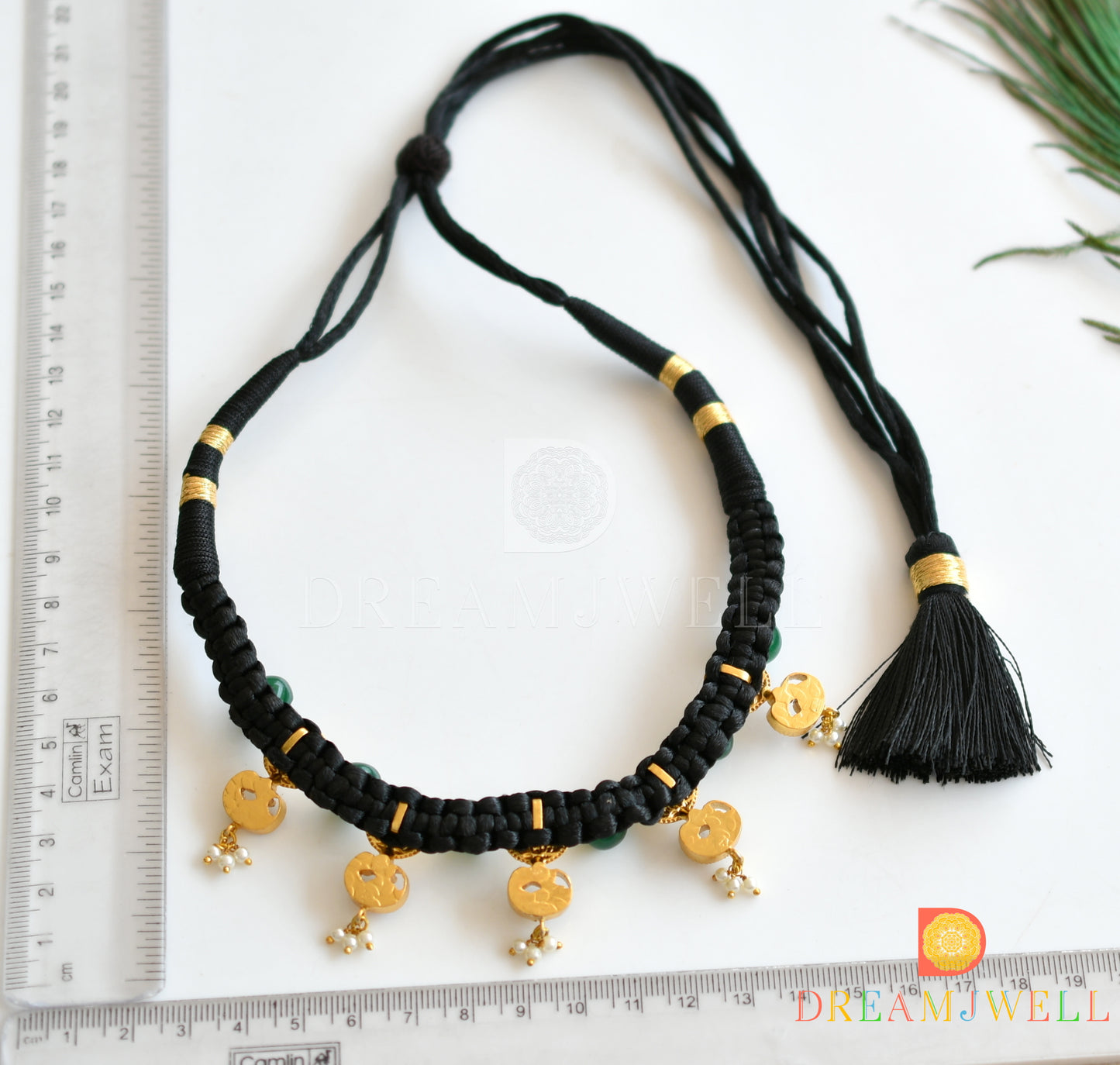 Gold tone pink-green Kundan jadau Lakshmi coin swan Black silk thread necklace dj-36569