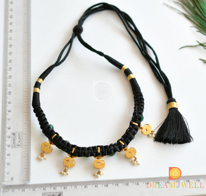 Gold tone pink-green Kundan jadau Lakshmi coin swan Black silk thread necklace dj-36569