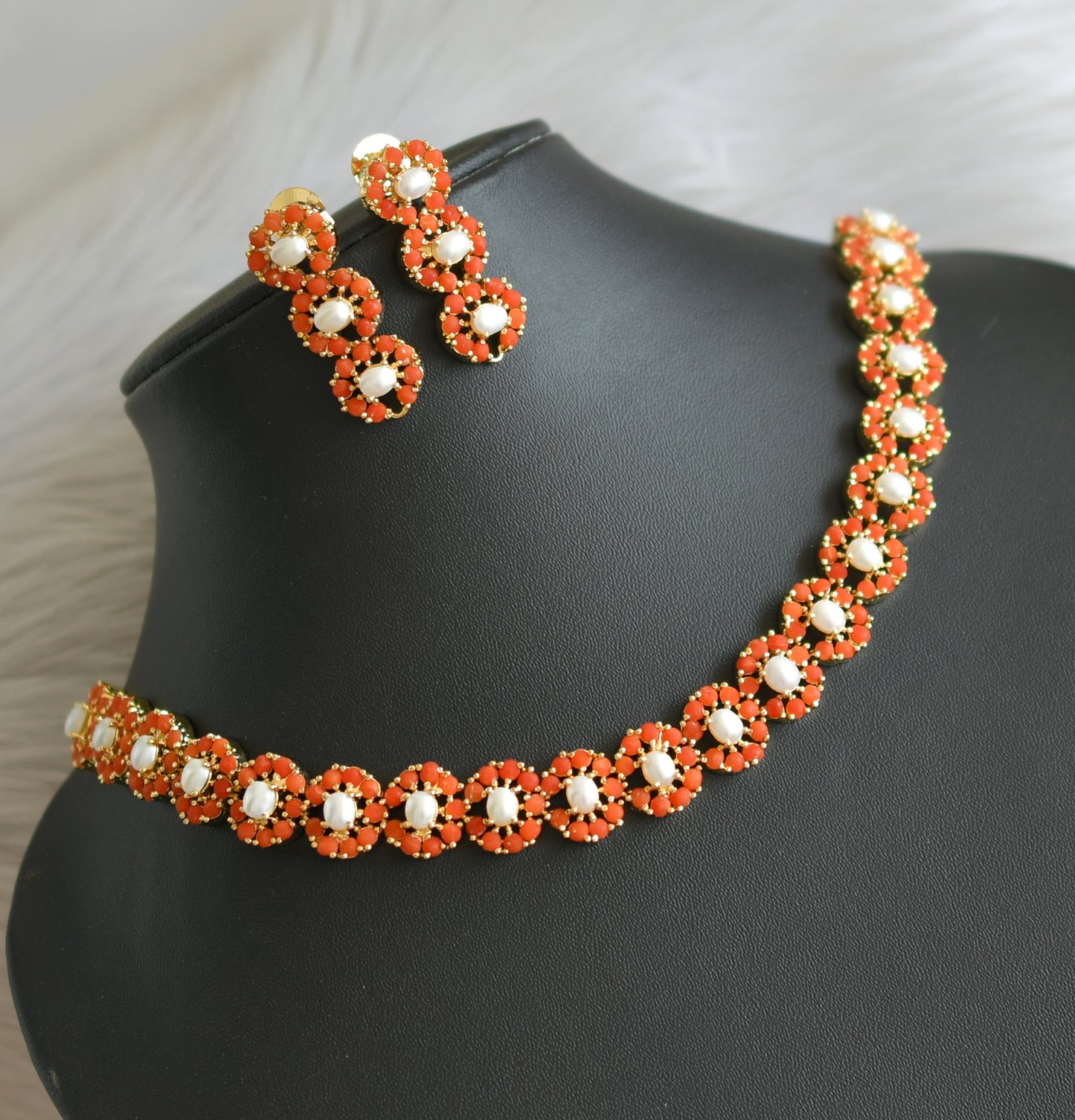 Gold tone pearl pearl-coral necklace set dj-41724