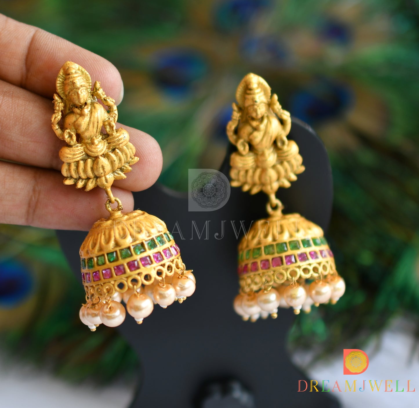 Matte finish pink-green Lakshmi pearl jhumkka dj-37363