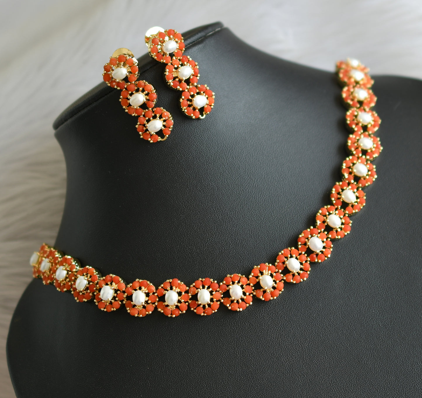 Gold tone pearl pearl-coral necklace set dj-41724