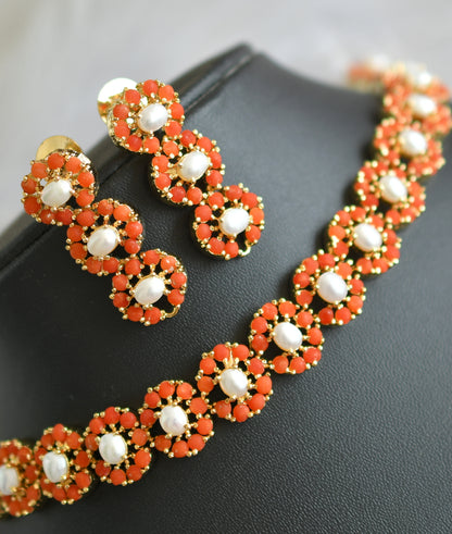 Gold tone pearl pearl-coral necklace set dj-41724