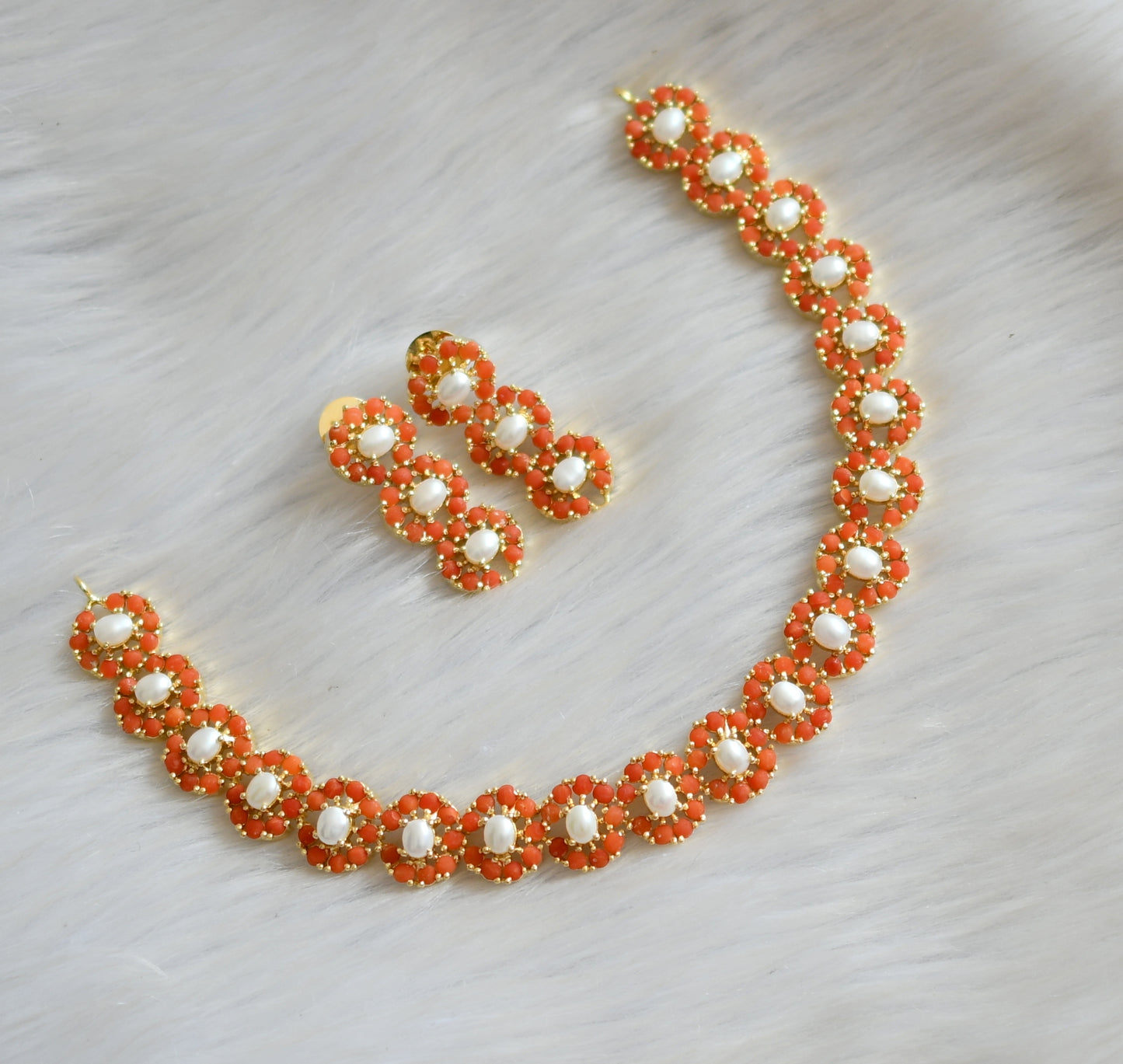 Gold tone pearl pearl-coral necklace set dj-41724