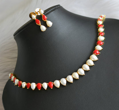 Gold tone pearl-coral stone necklace set dj-41723