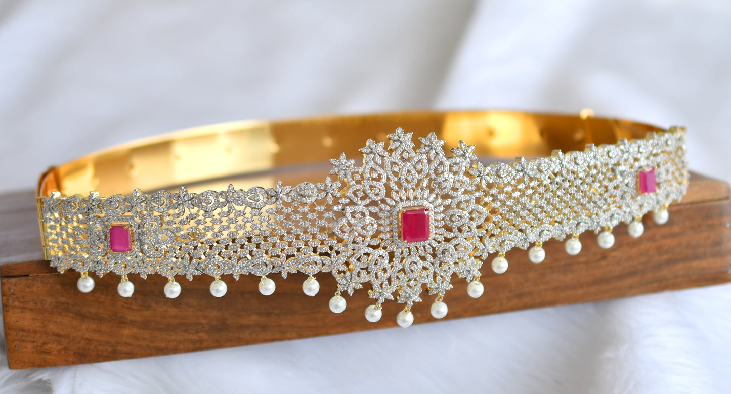 Two tone cz ruby-white pearl waist band dj-38951