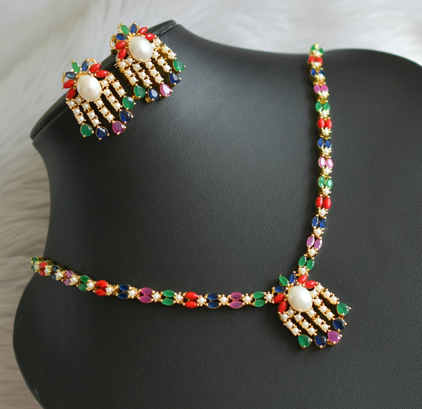 Gold tone navarathna stone necklace set dj-41722