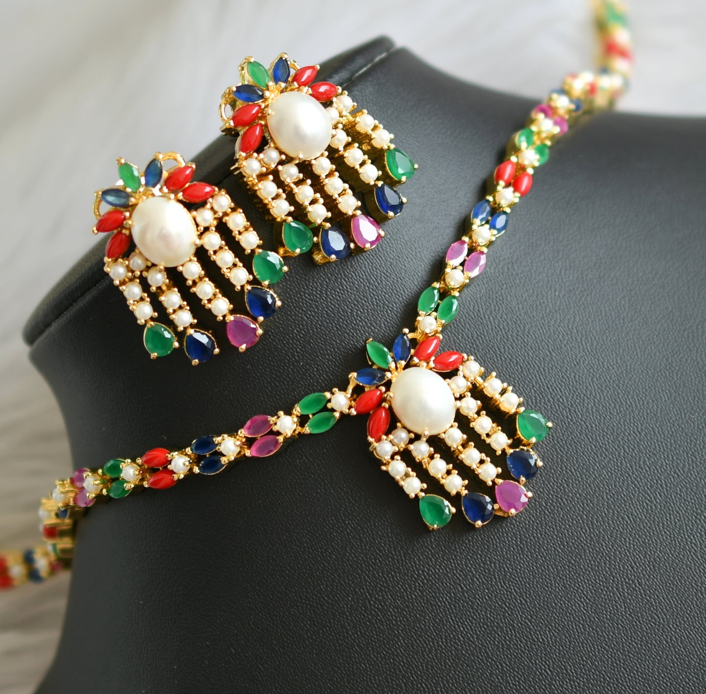 Gold tone navarathna stone necklace set dj-41722