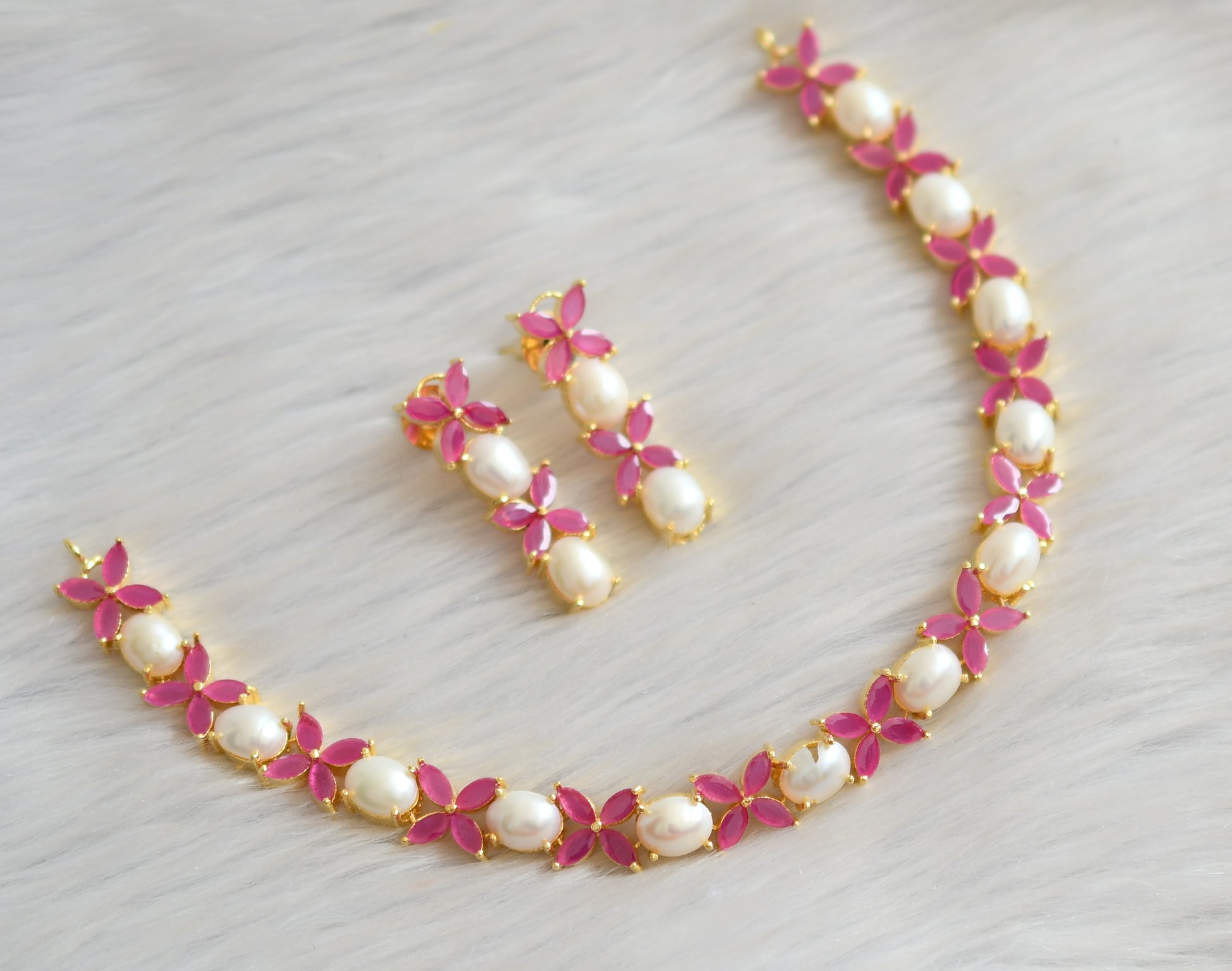 Gold tone pearl white-ruby stone necklace set dj-41730