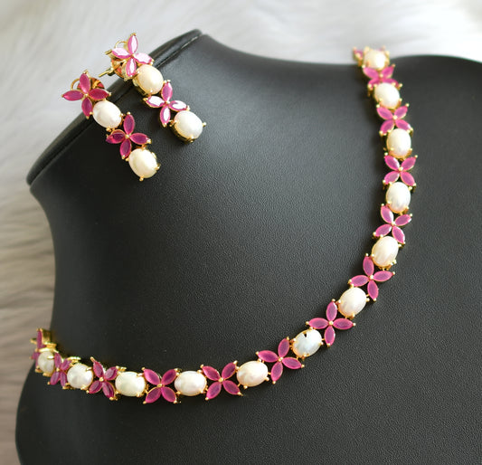 Gold tone pearl white-ruby stone necklace set dj-41730