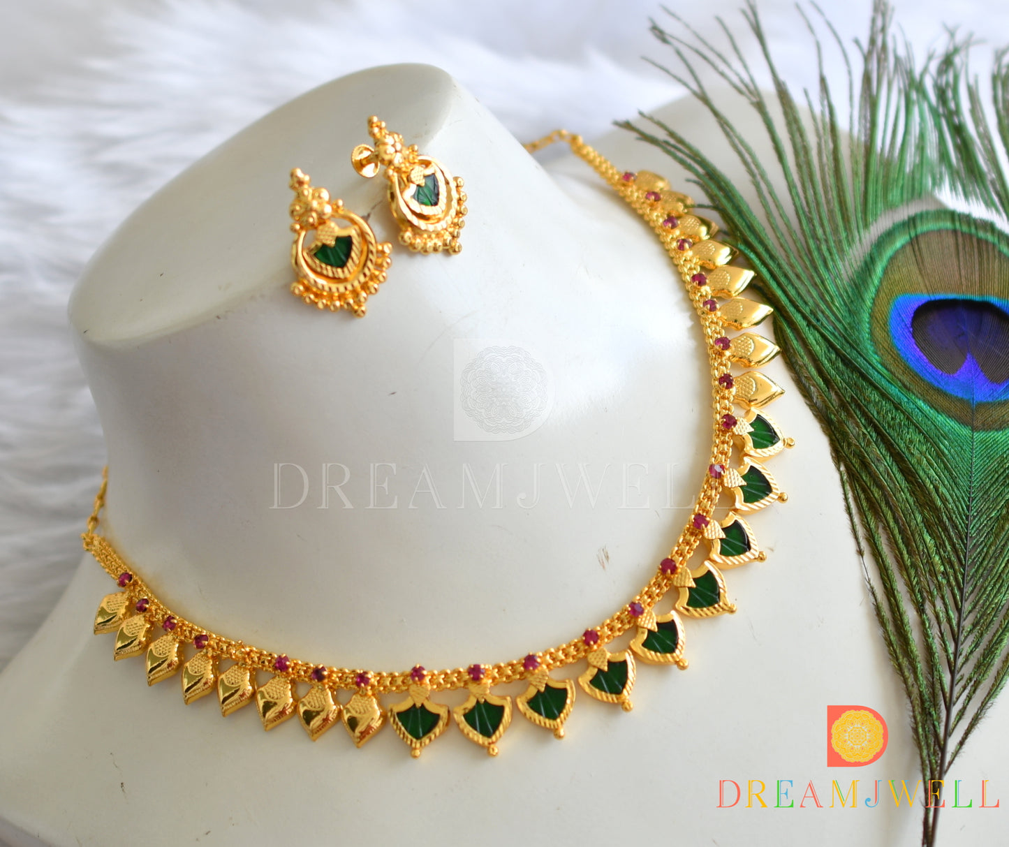 Gold tone pink-green palakka Kerala style necklace set dj-38099