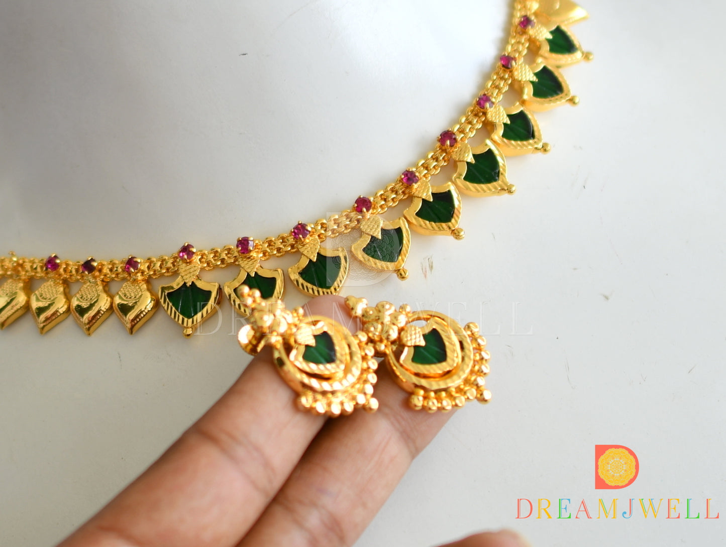 Gold tone pink-green palakka Kerala style necklace set dj-38099