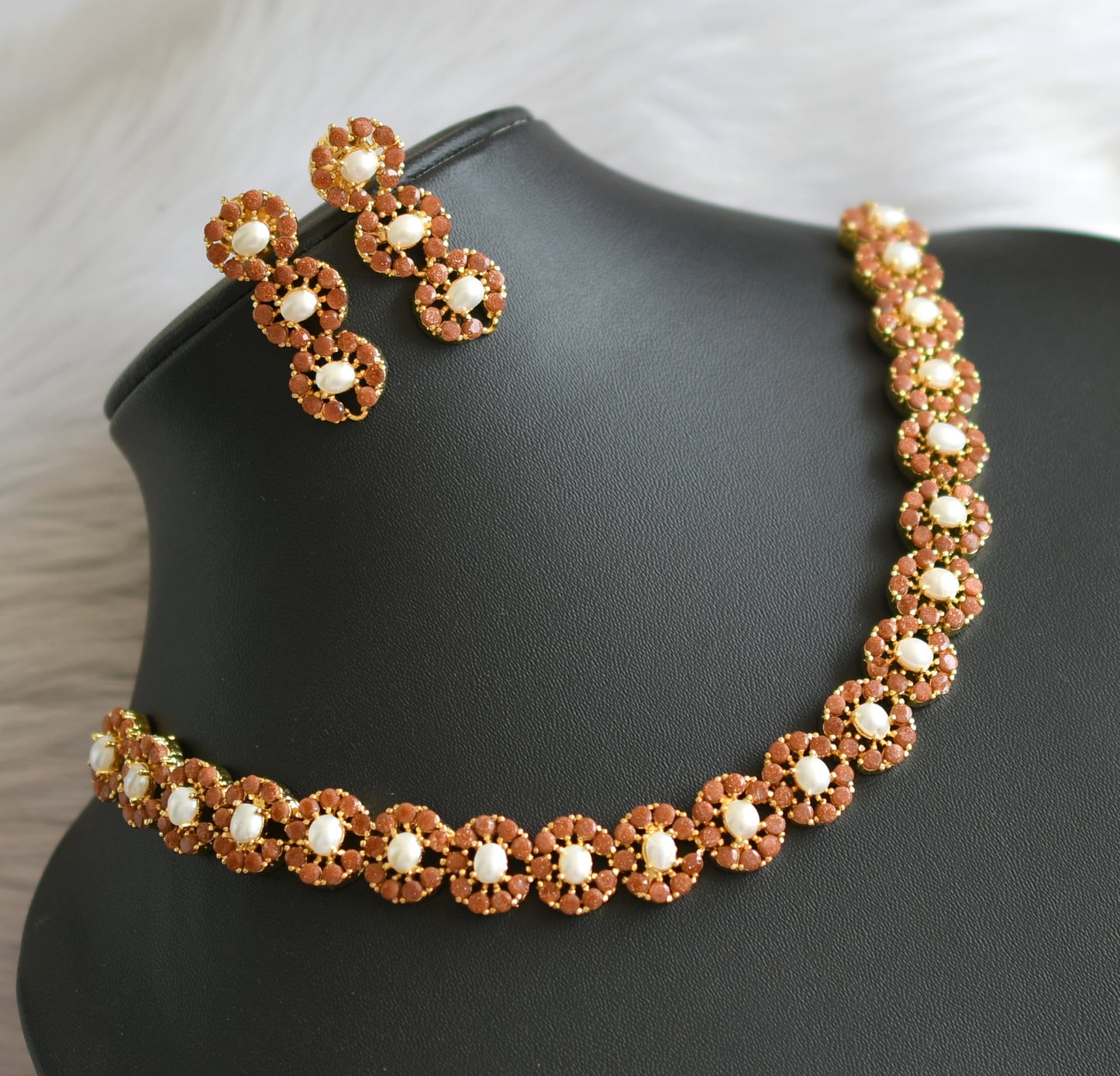 Gold tone pearl-sand stone necklace set dj-41725