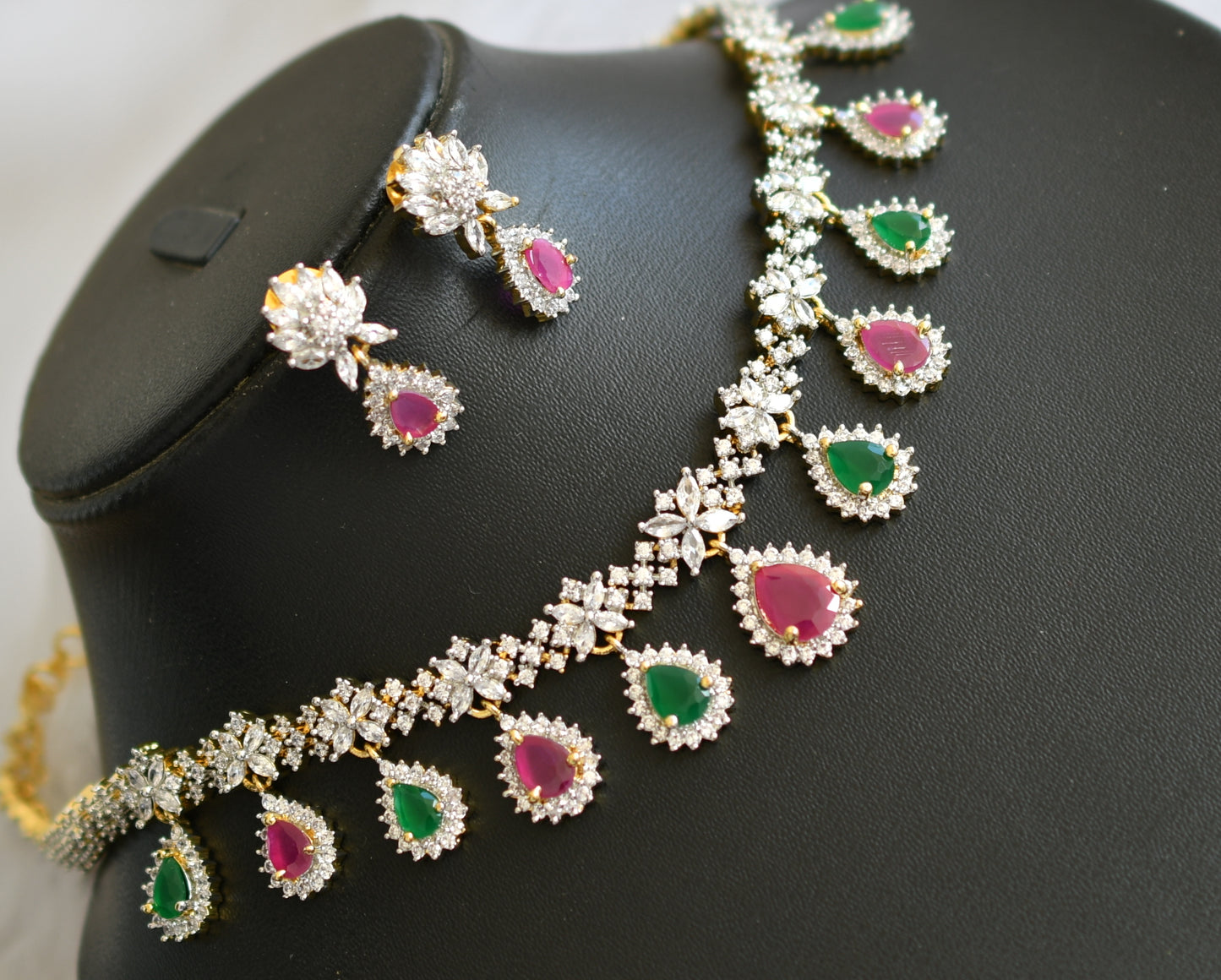 Two tone cz ruby-emerald-white necklace set dj-38955