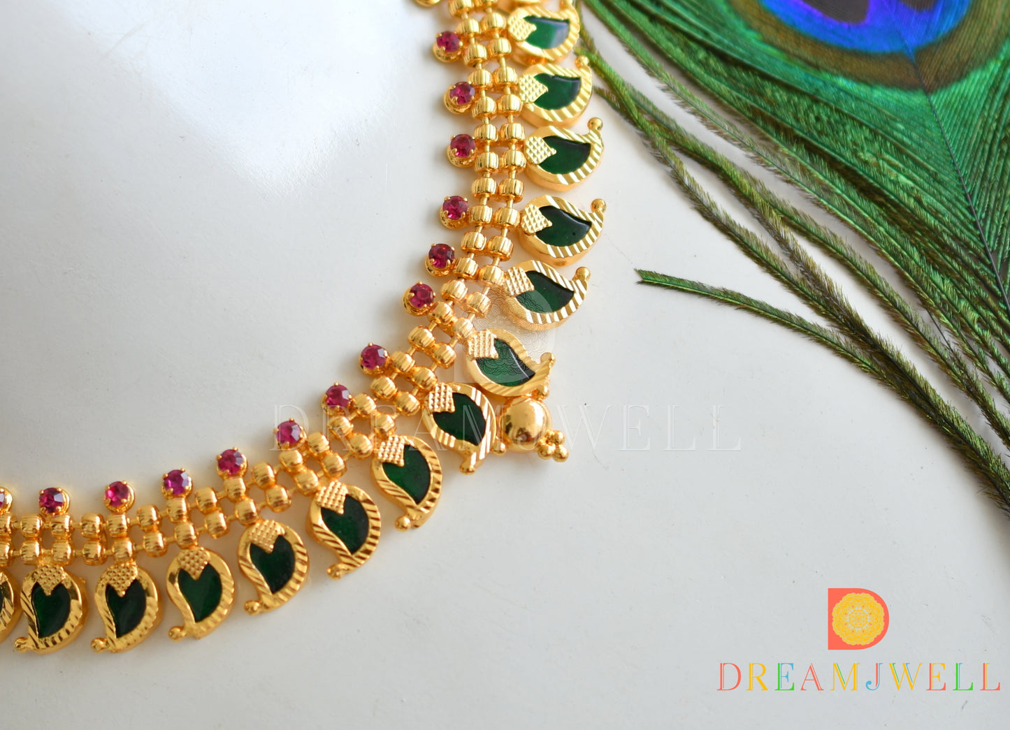 Gold tone pink-green mango Kerala style necklace dj-38101