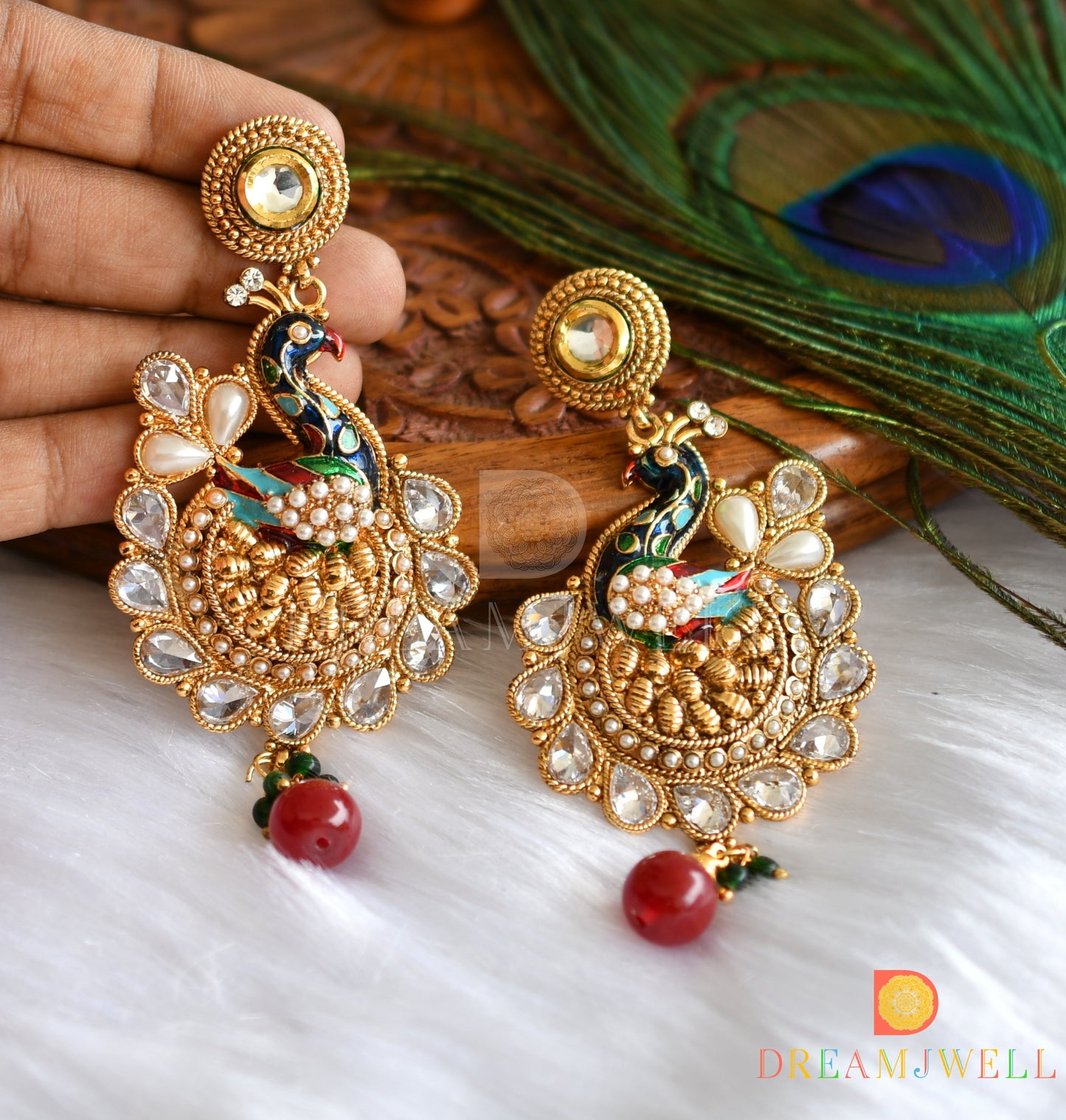 Antique polki Meenakari big peacock earrings dj-37377