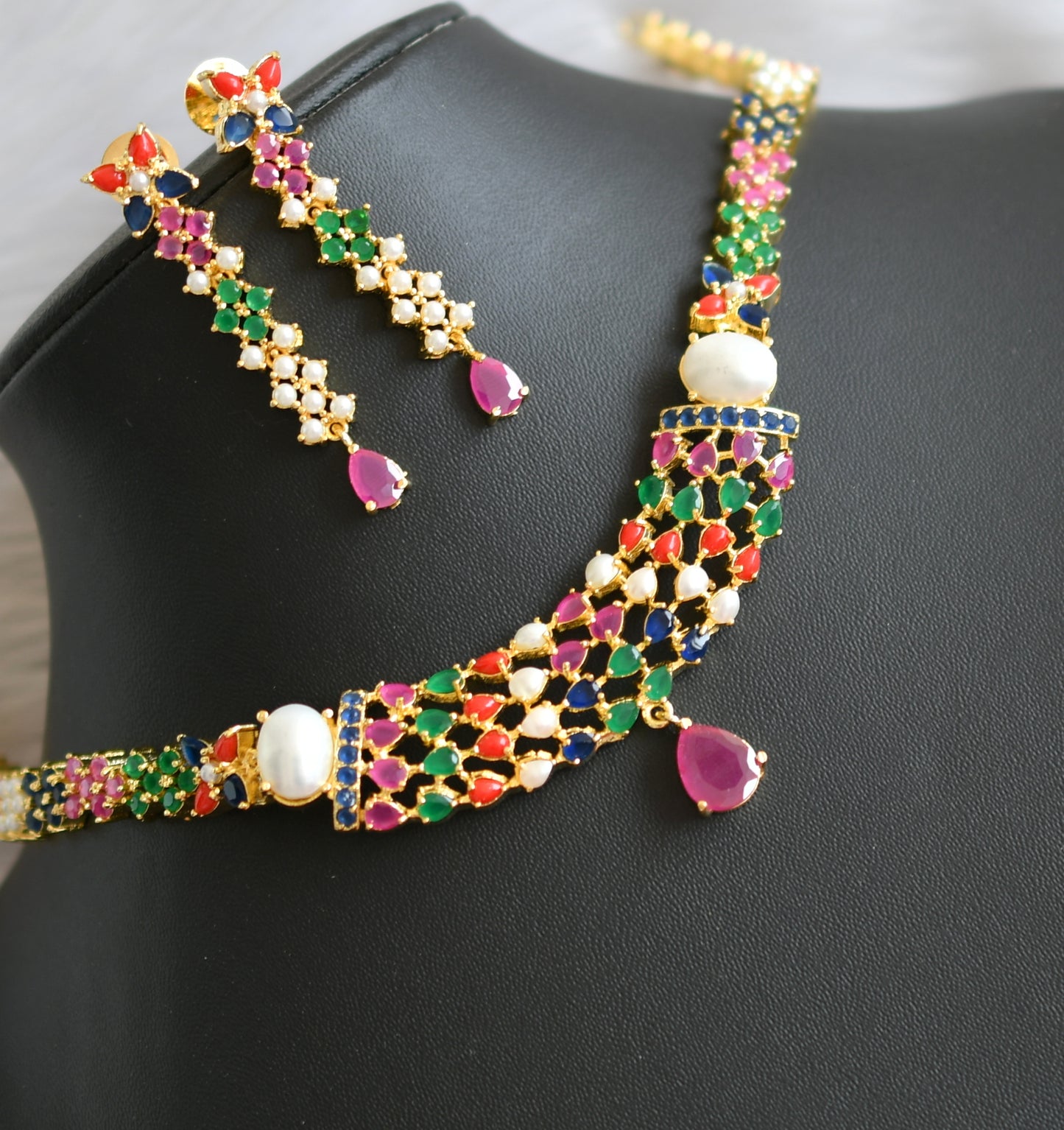 Gold tone navarathna stone necklace set dj-41726