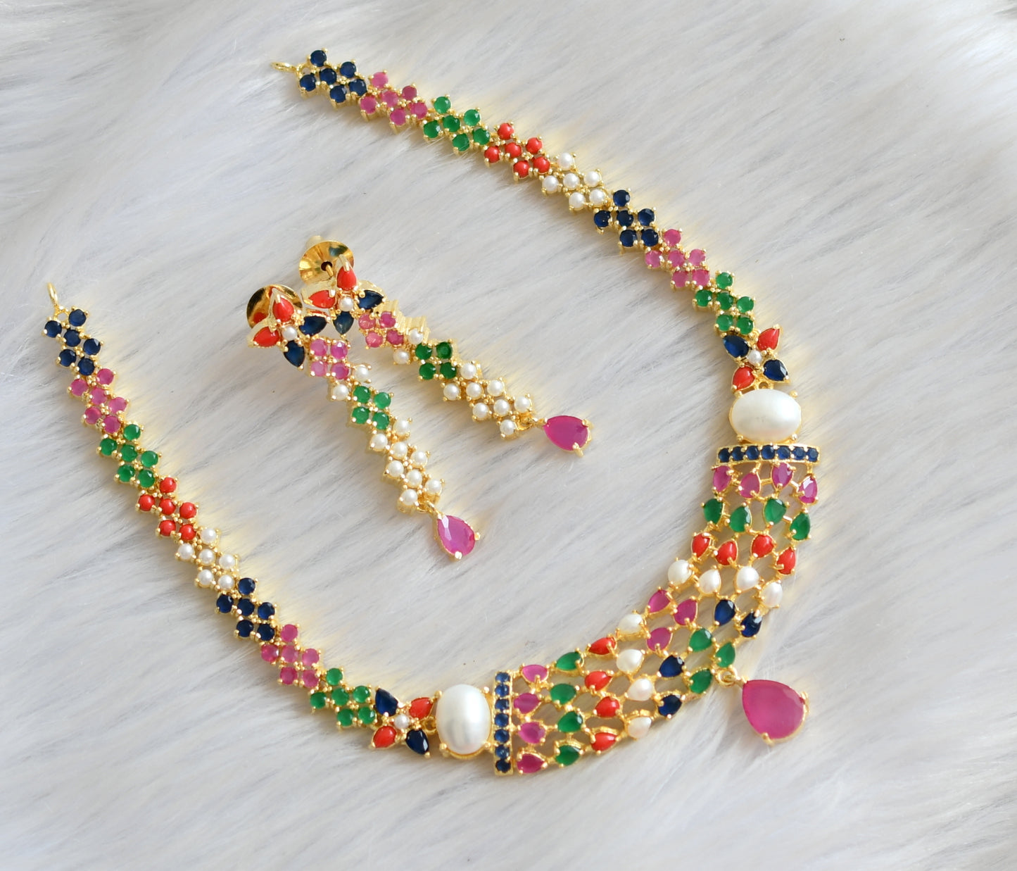 Gold tone navarathna stone necklace set dj-41726