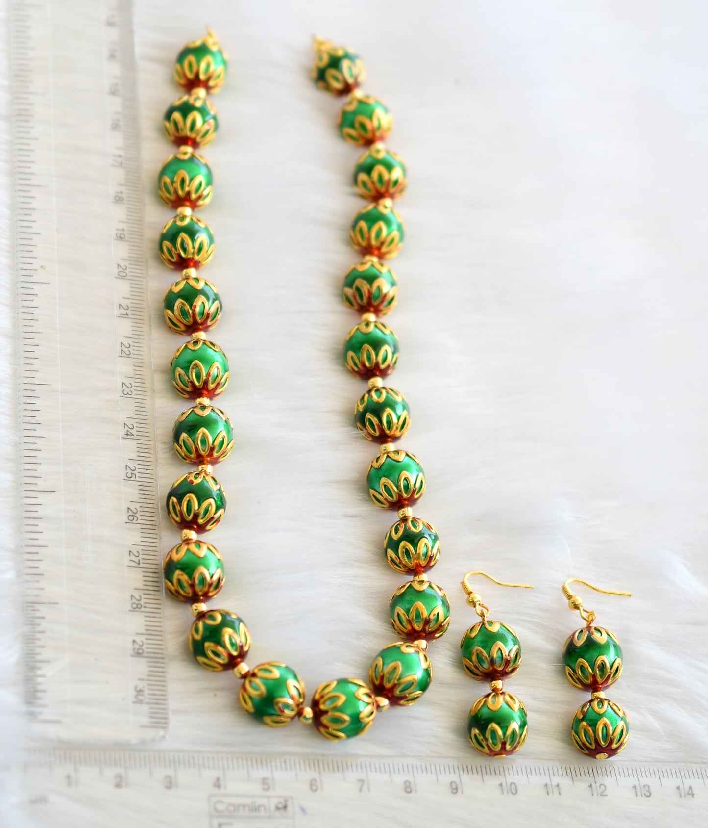 Handmade green-red meenakari balls necklace set dj-02720