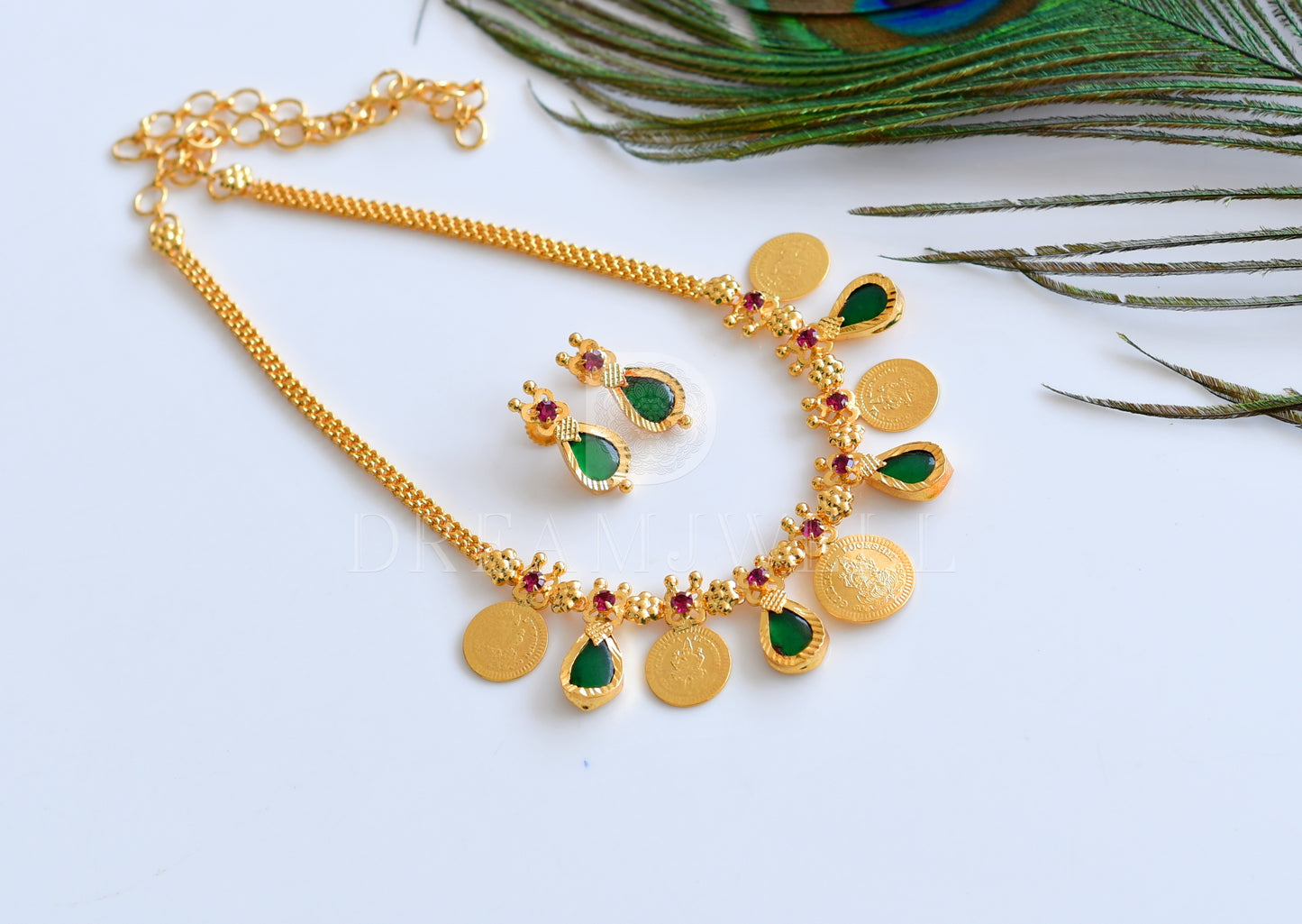 Gold Tone Green Gopi Lakshmi Coin Necklace Set dj-27936