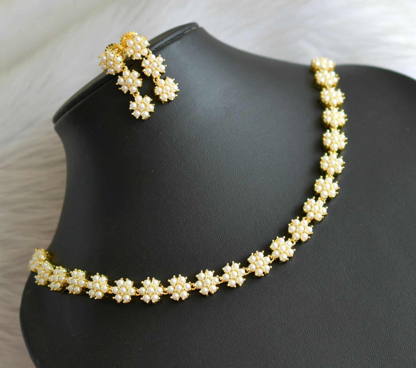 Gold tone pearl flower necklace set dj-41717