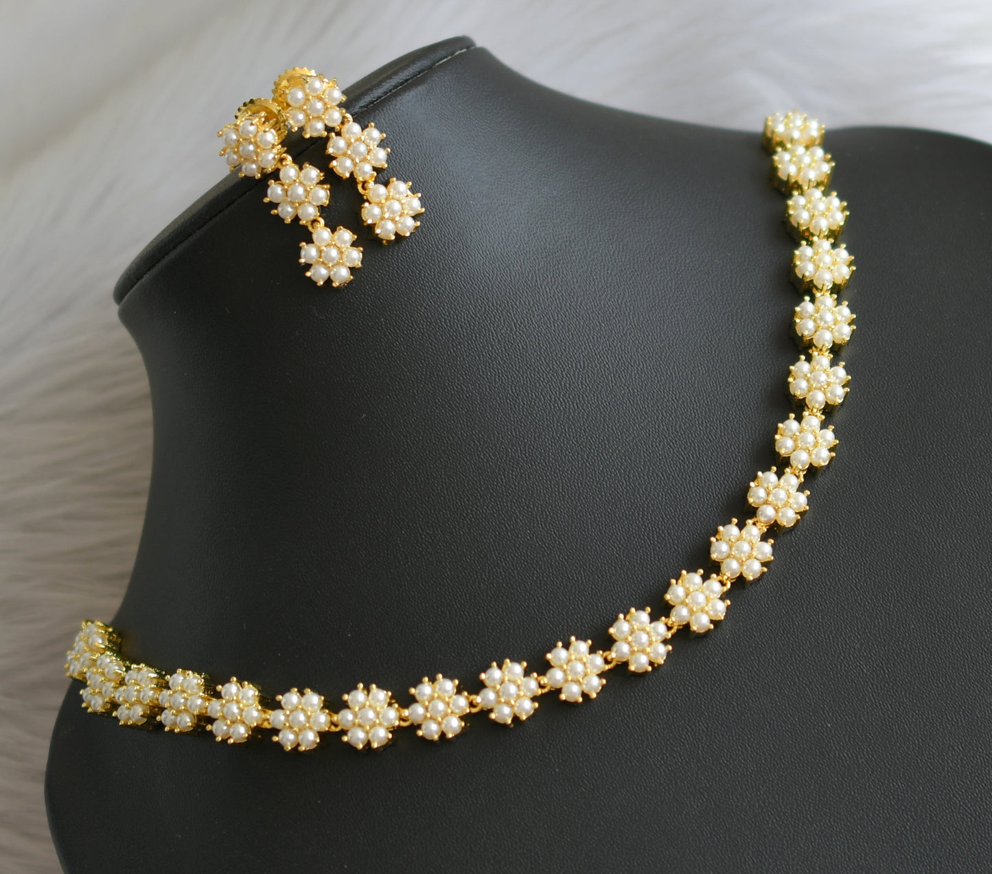 Gold tone pearl flower necklace set dj-41717