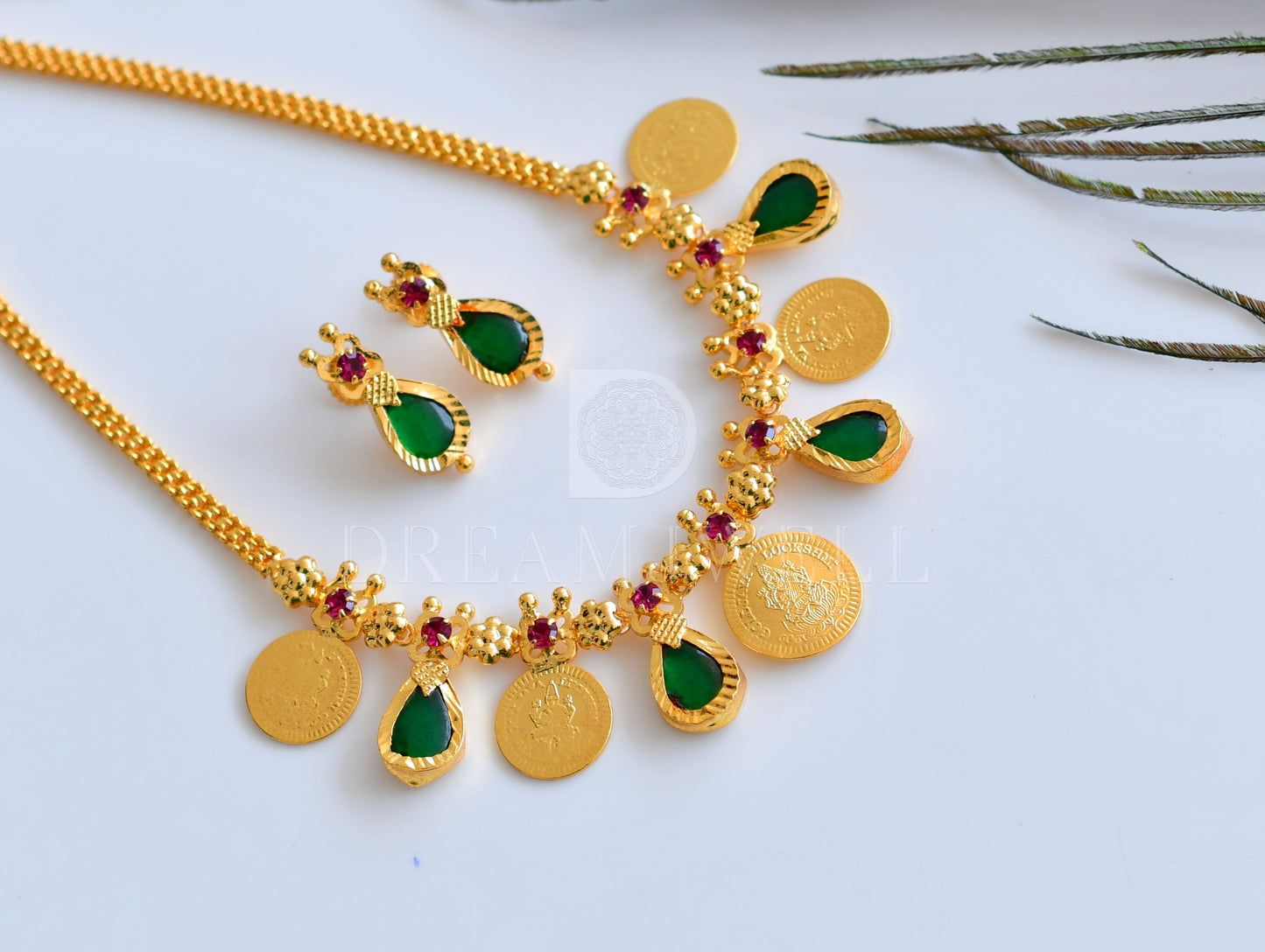 Gold Tone Green Gopi Lakshmi Coin Necklace Set dj-27936