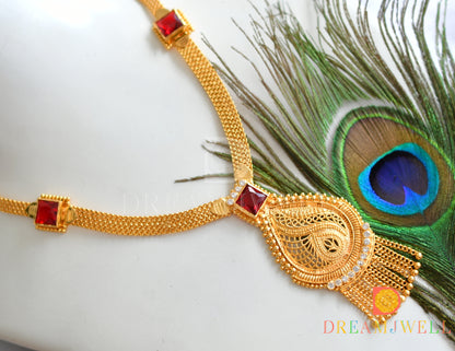 Gold tone white-red square stone Kerala style short haar dj-38109