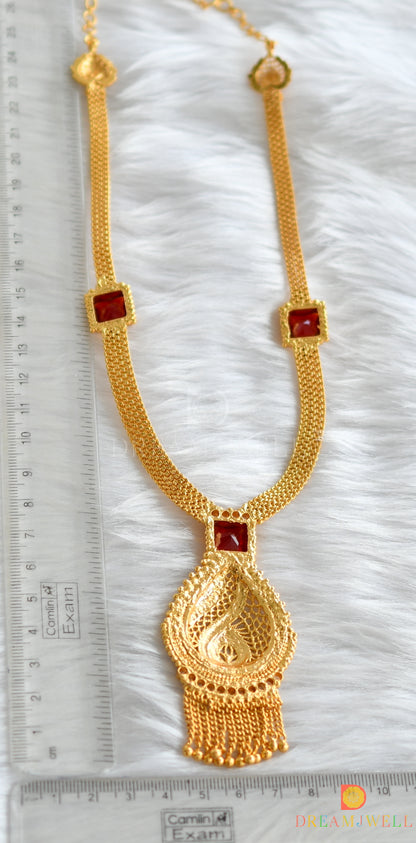 Gold tone white-red square stone Kerala style short haar dj-38109