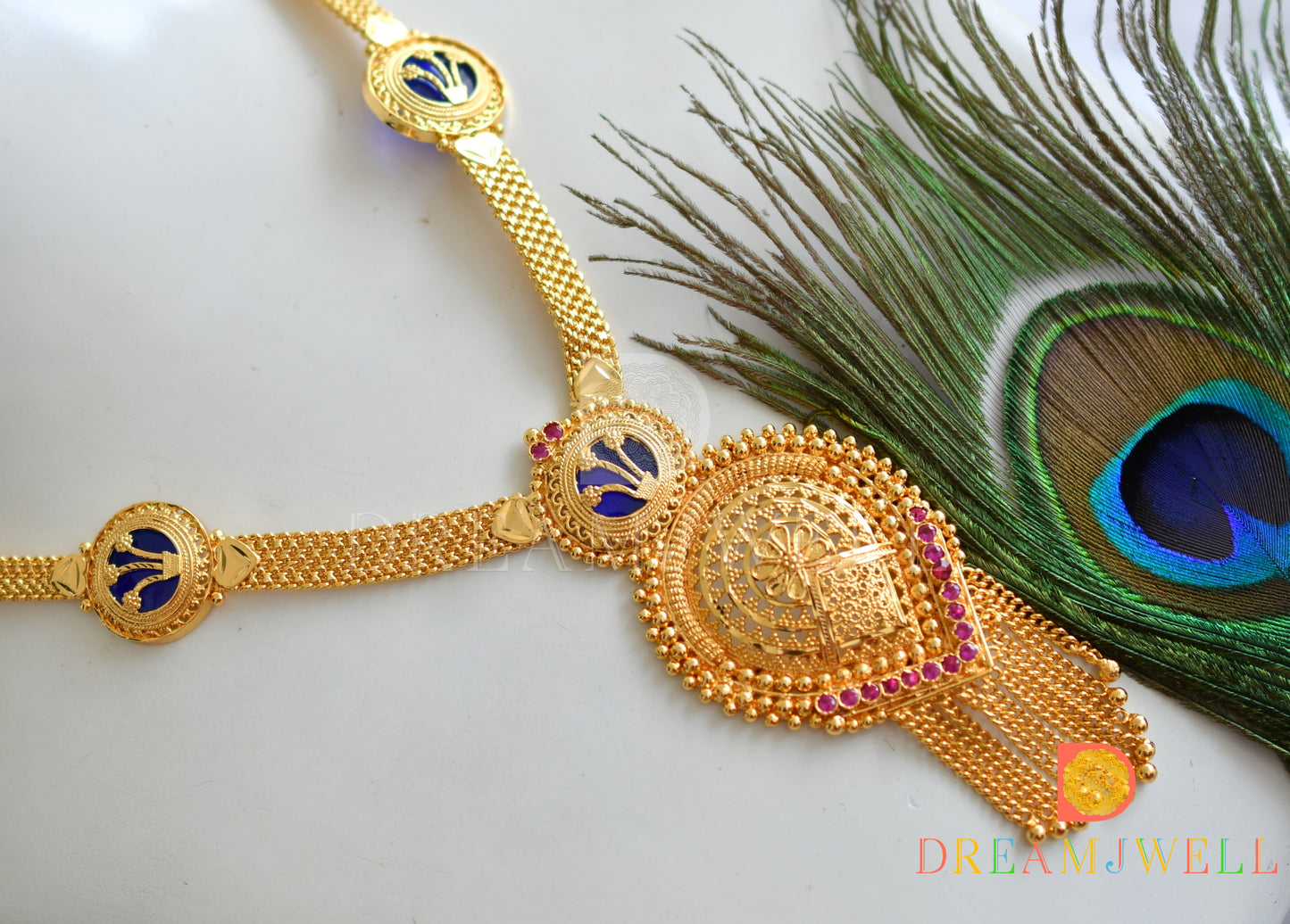Gold tone pink-blue round Kerala style short haar dj-38112