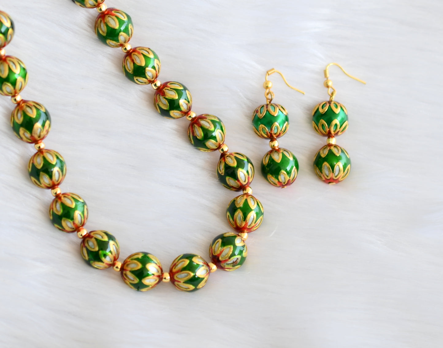 Handmade green-red meenakari balls necklace set dj-39703