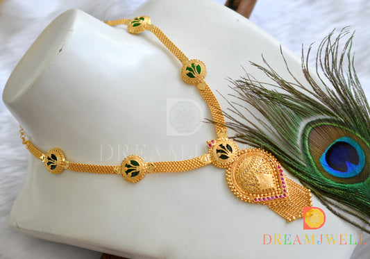 Gold tone pink-green round Kerala style short haar dj-38113