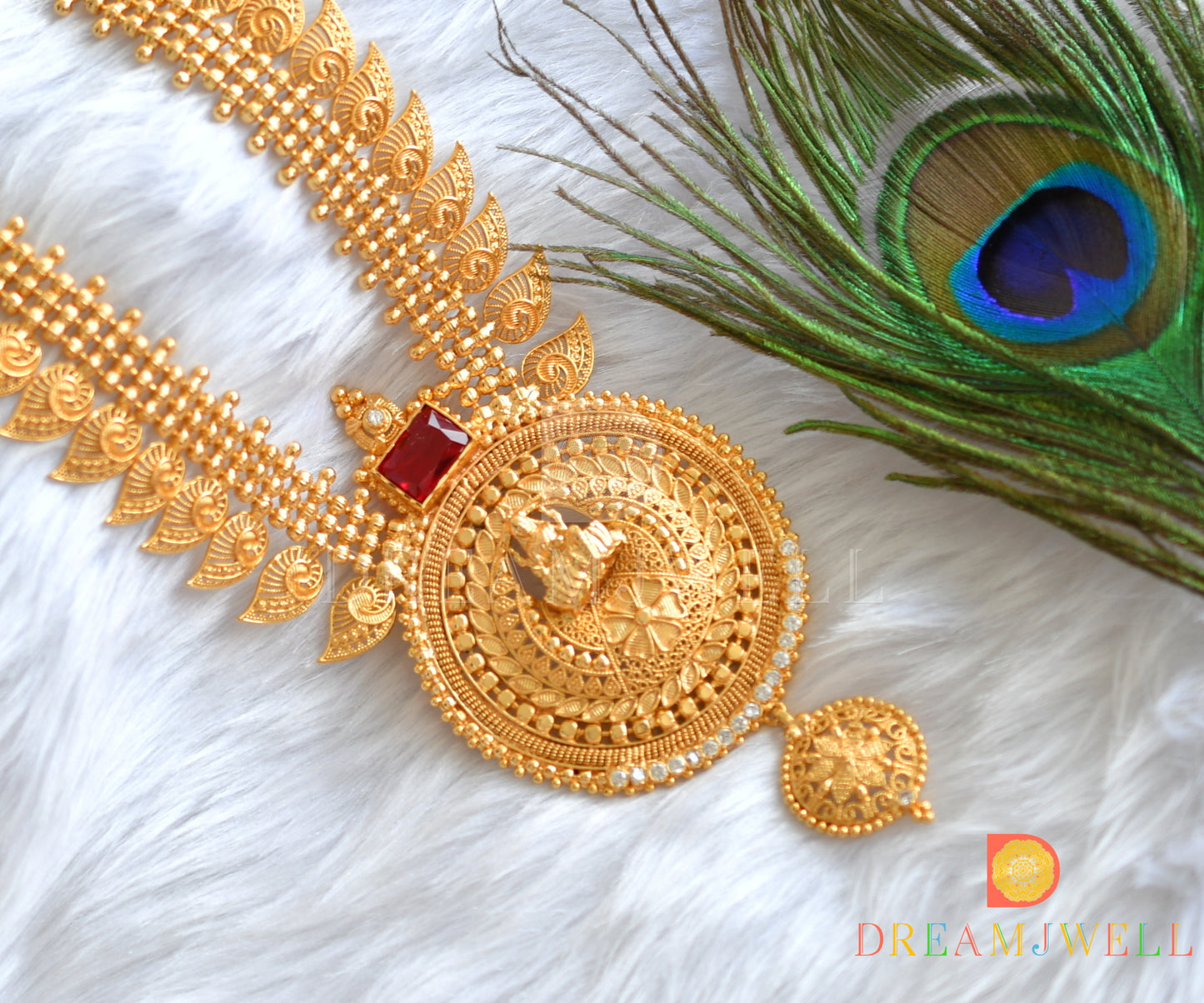 Gold tone white-red square stone mango-Lakshmi Kerala style haar dj-38115