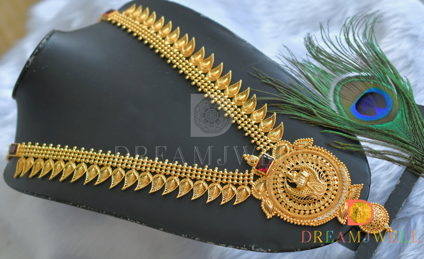 Gold tone white-red square stone mango-Lakshmi Kerala style haar dj-38116