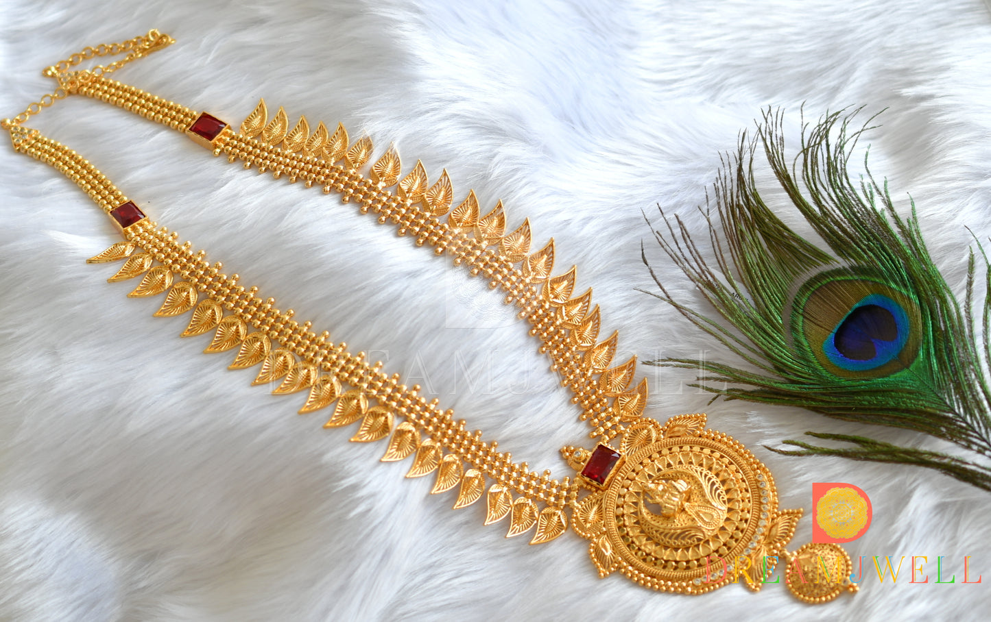 Gold tone white-red square stone mango-Lakshmi Kerala style haar dj-38116