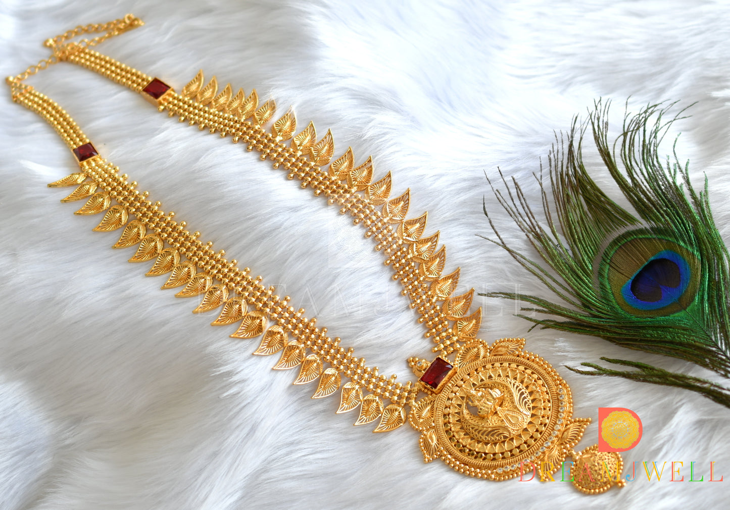 Gold tone white-red square stone mango-Lakshmi Kerala style haar dj-38116