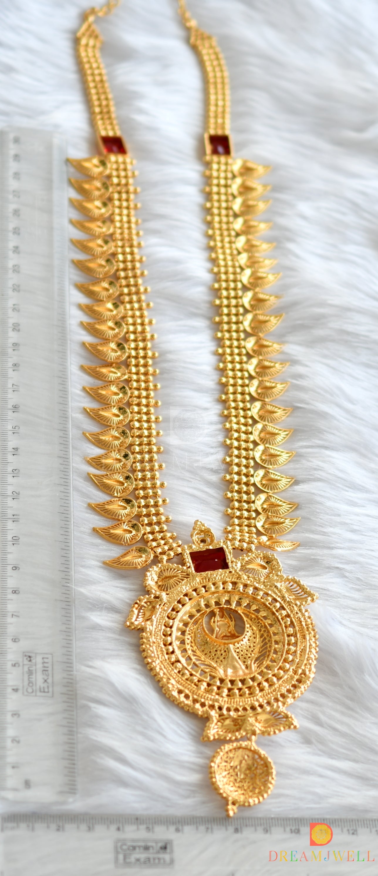 Gold tone white-red square stone mango-Lakshmi Kerala style haar dj-38116