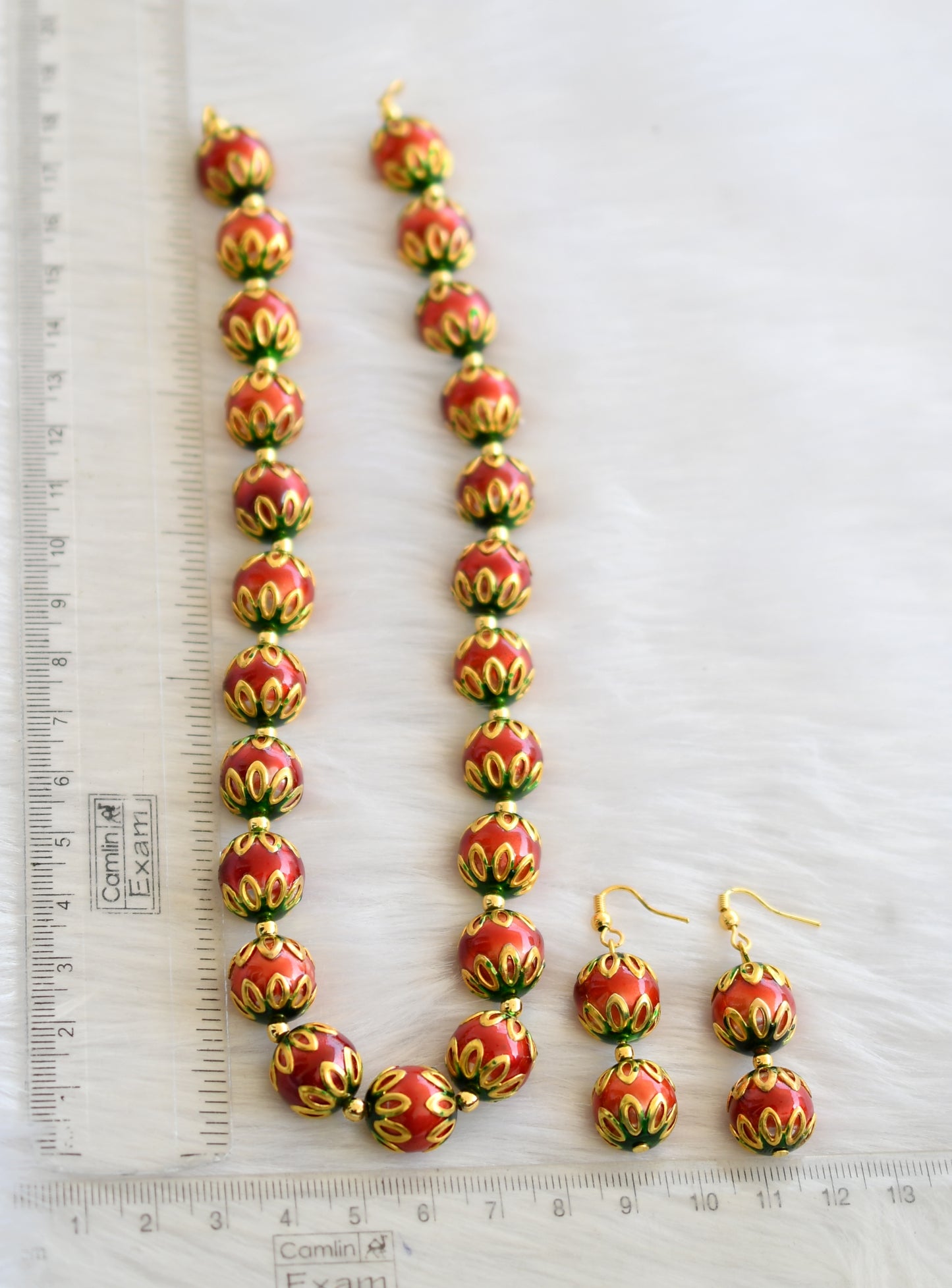 Handmade red-green meenakari balls necklace set dj-02706