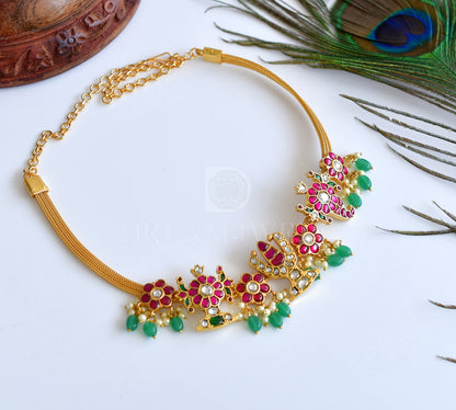 Gold tone red-green-white kundan jadau nama-shanku-chakra necklace dj-35894