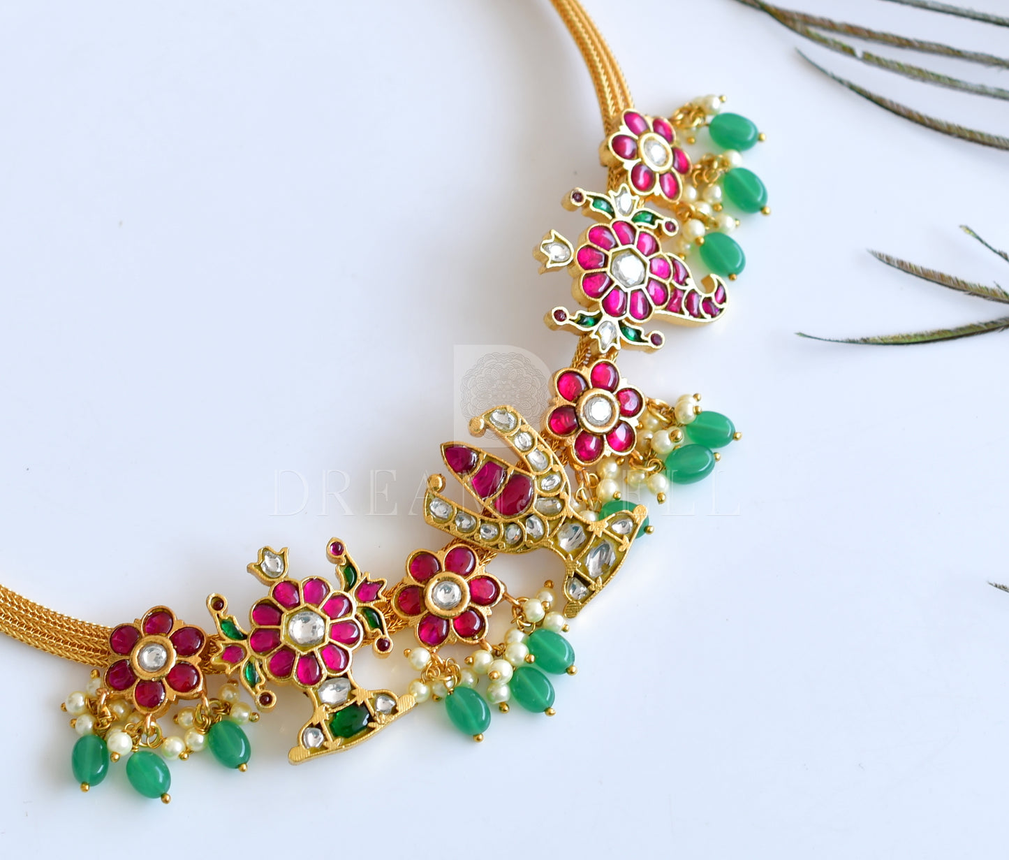 Gold tone red-green-white kundan jadau nama-shanku-chakra necklace dj-35894