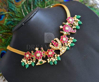 Gold tone red-green-white kundan jadau nama-shanku-chakra necklace dj-35894