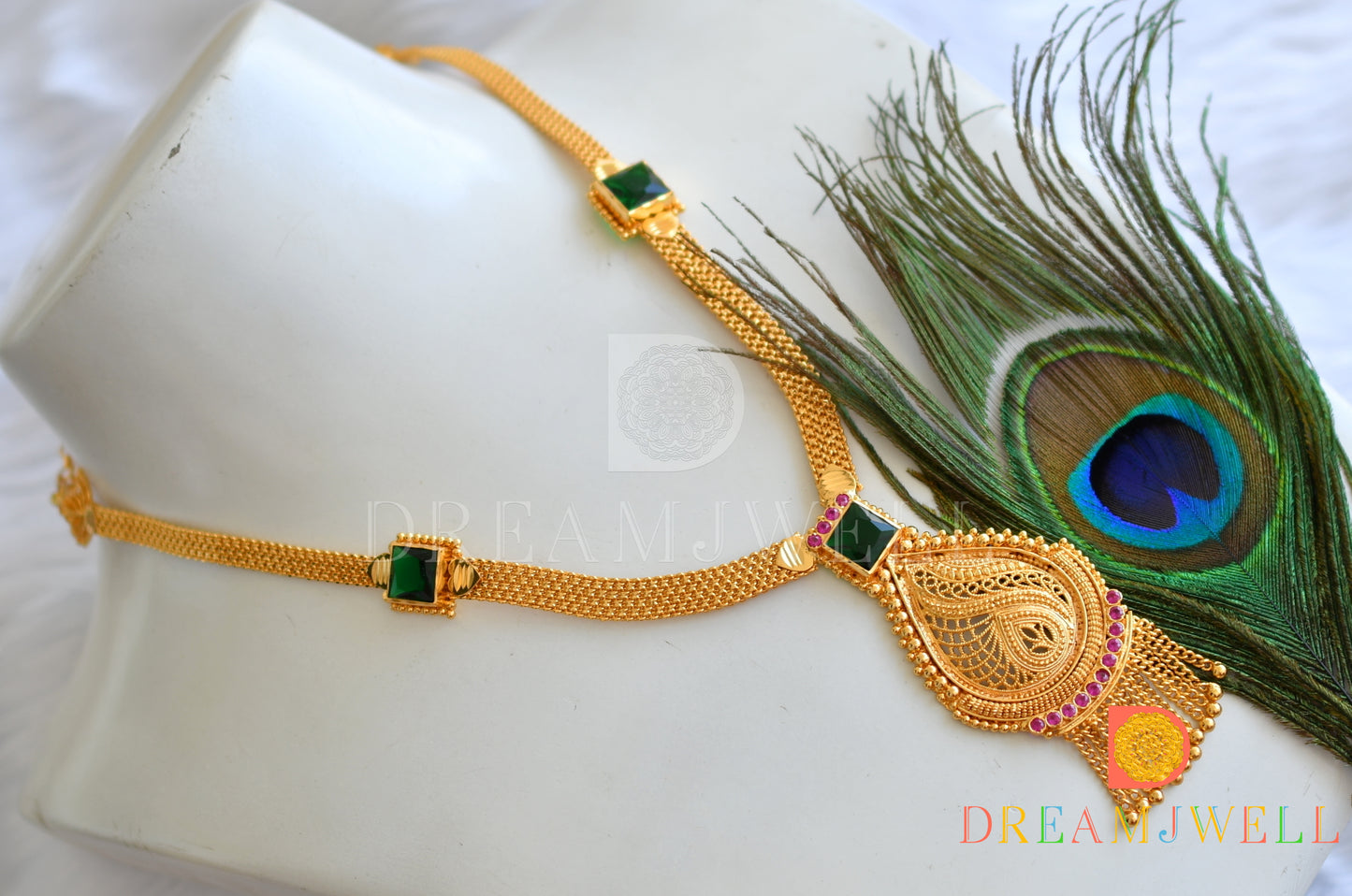 Gold tone pink-bottle green square stone Kerala style short haar dj-38110