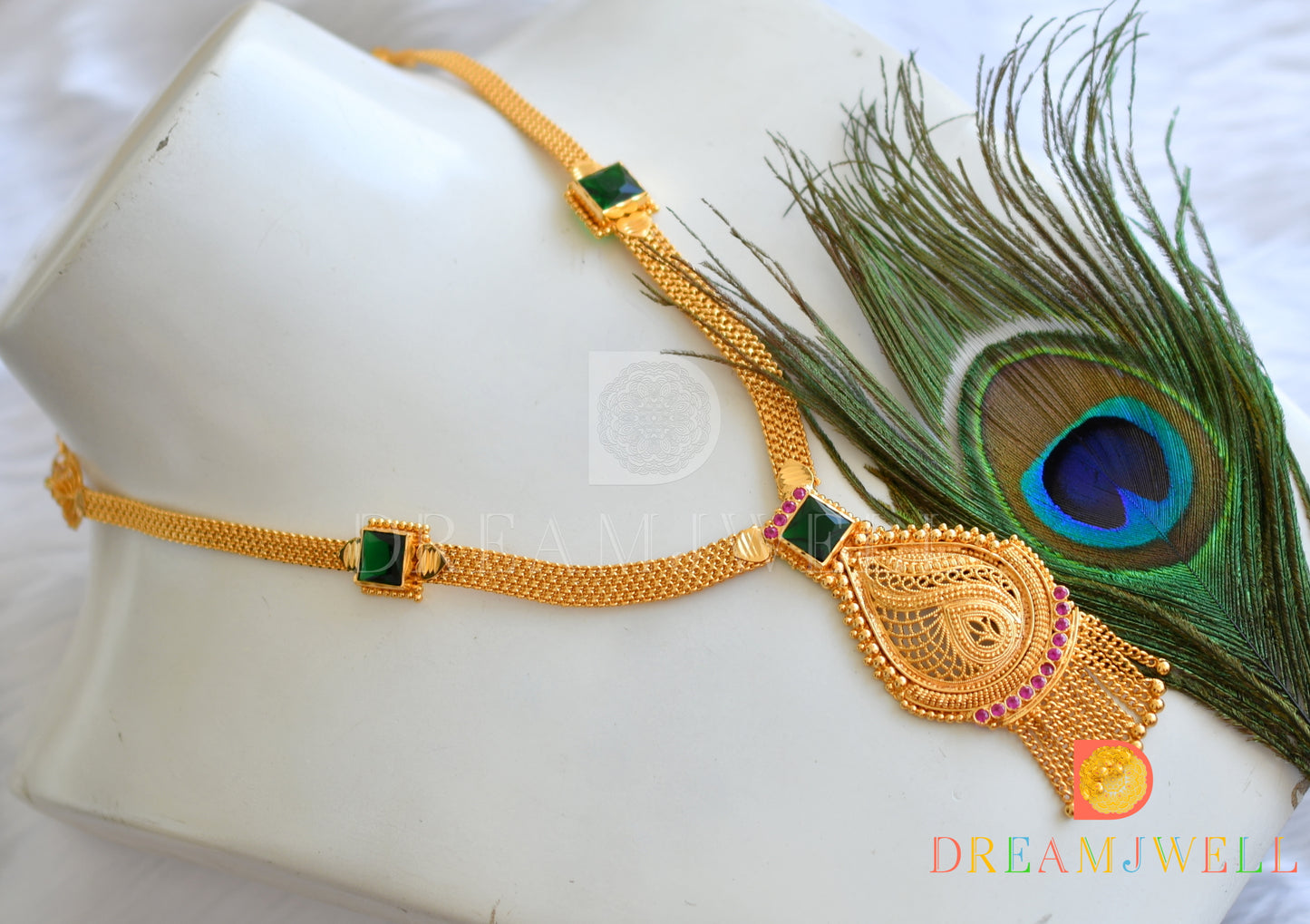 Gold tone pink-bottle green square stone Kerala style short haar dj-38110