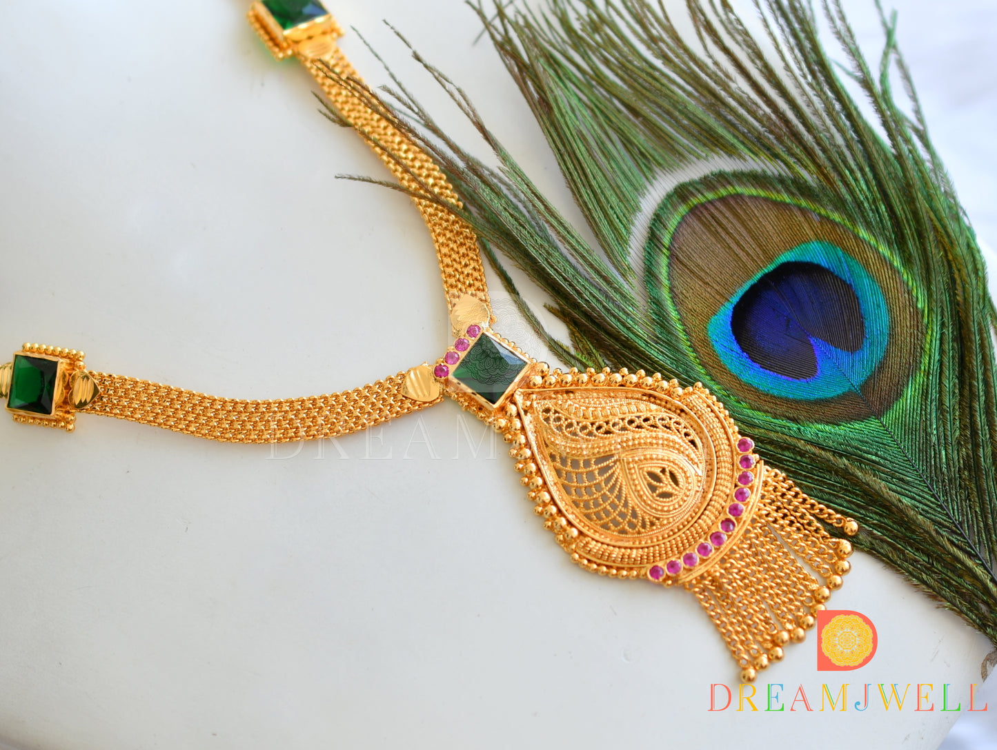 Gold tone pink-bottle green square stone Kerala style short haar dj-38110