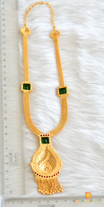 Gold tone pink-bottle green square stone Kerala style short haar dj-38110