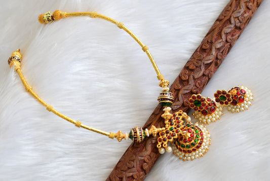 Gold tone kemp-green jhumkka pendant temple necklace set dj-02797