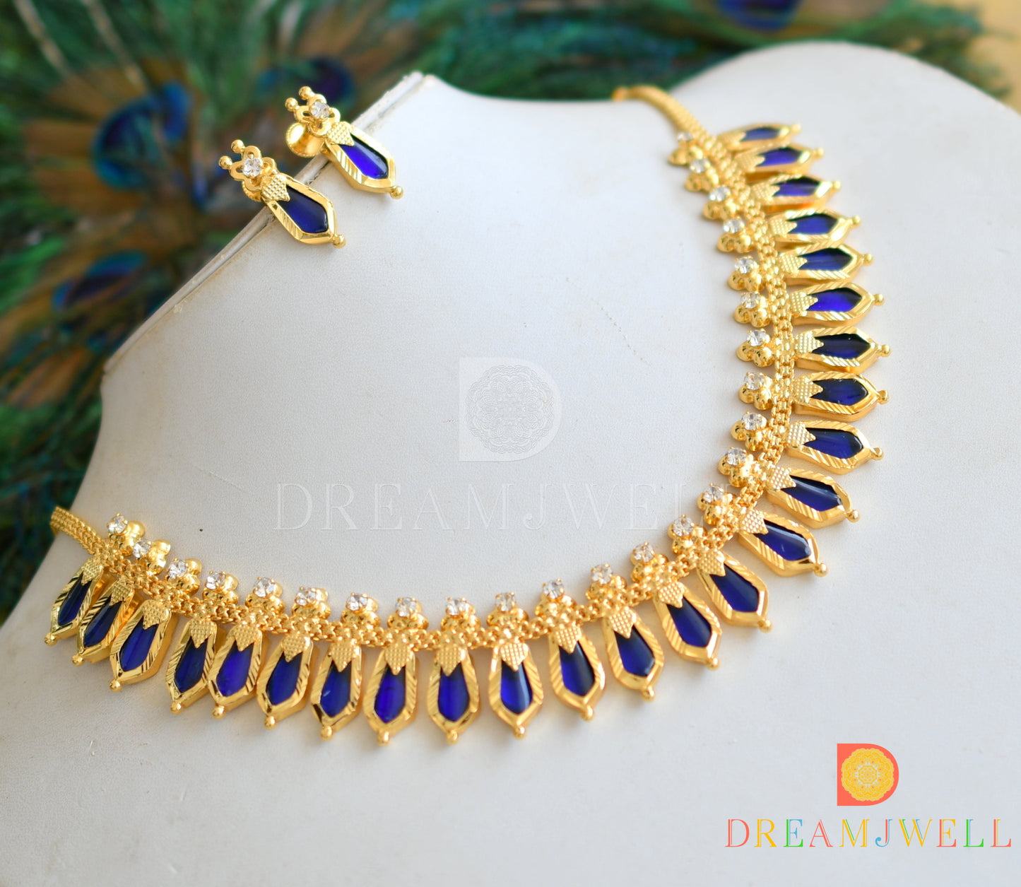 Gold tone Kerala style blue nagapadam necklace set dj-34688