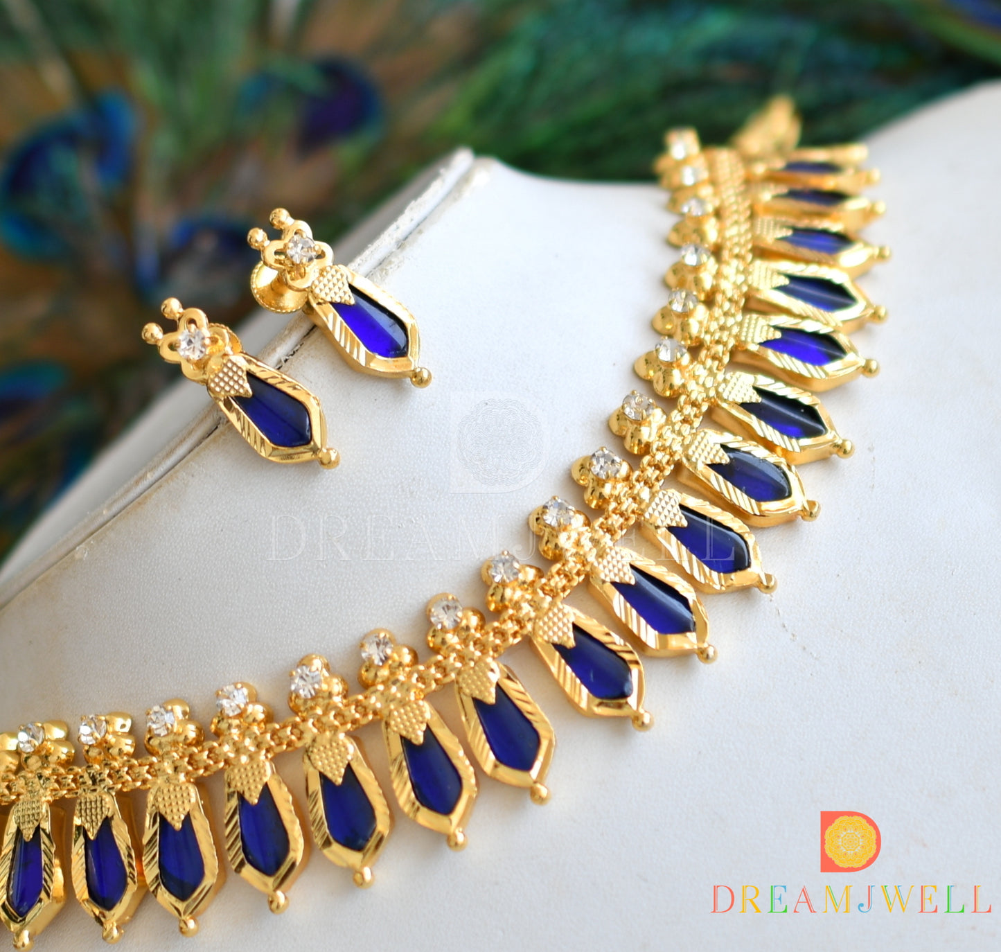 Gold tone Kerala style blue nagapadam necklace set dj-34688