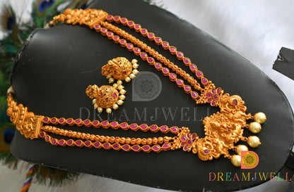 Matte finish semiprecious ruby Lakshmi multilayer haar set dj-14249